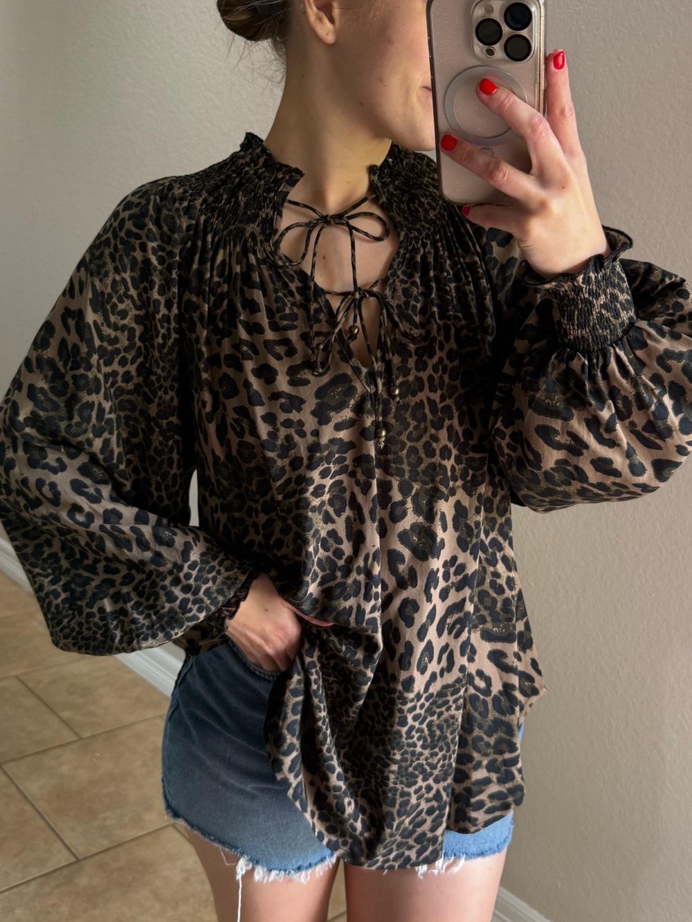 Dear John Brown Leopard Tie-Neck Blouse
